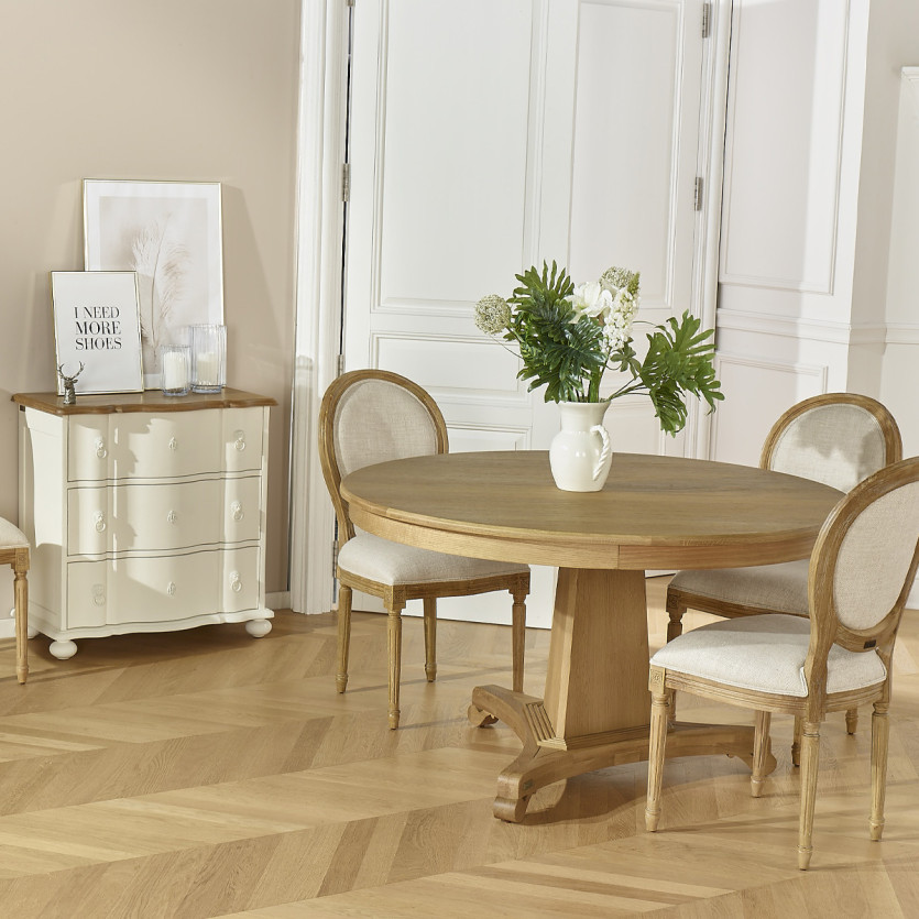 Tavolo da pranzo rotondo IRIS - Stile shabby chic, piano in rovere, 4/6 coperti