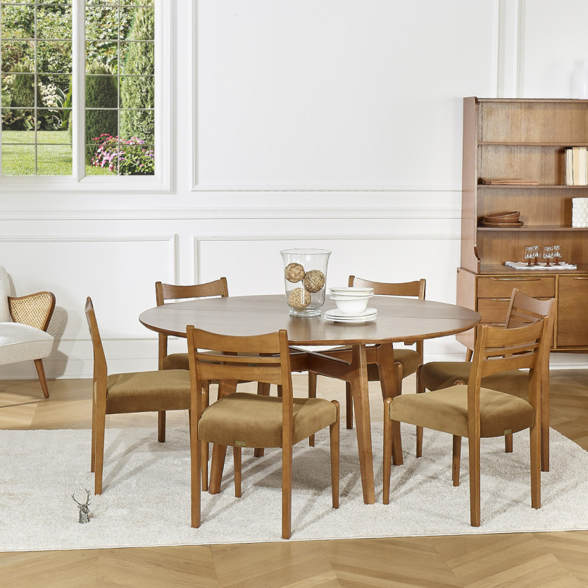 Table à manger ronde LEA - Style scandinave, pieds en bois massif, 6/8 personnes