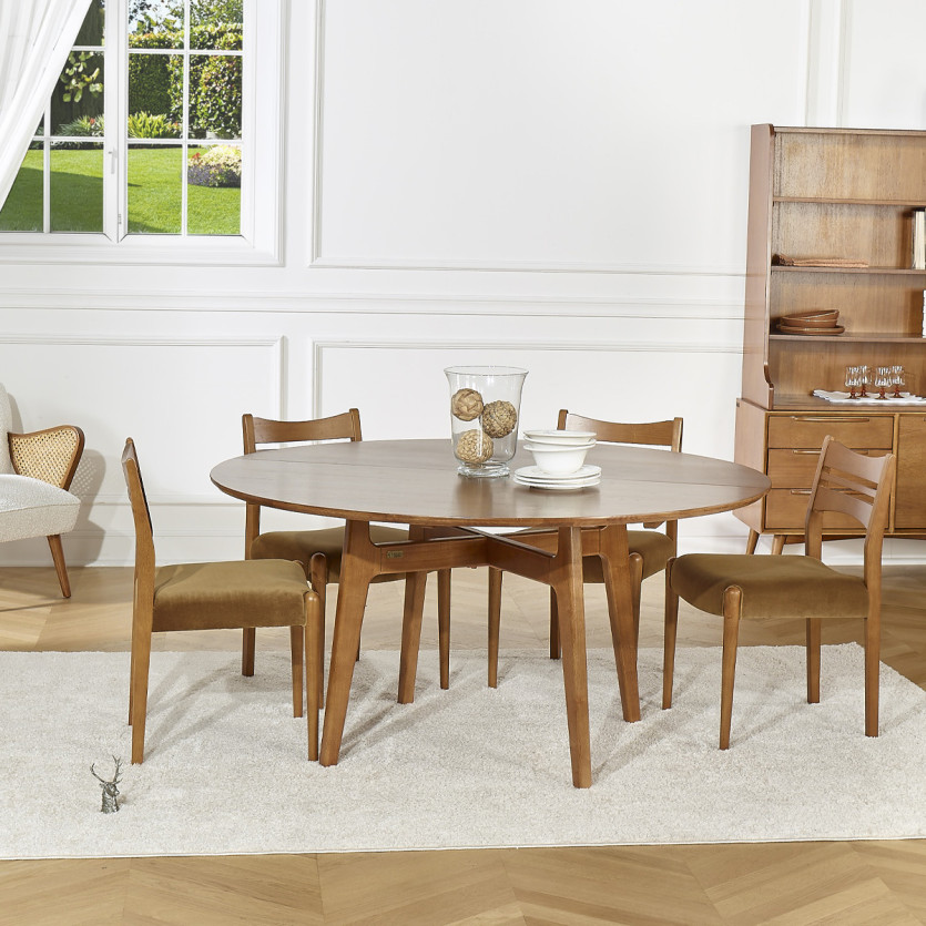 Mesa de comedor redonda LEA - Estilo escandinavo, patas de madera maciza, 6/8 personas