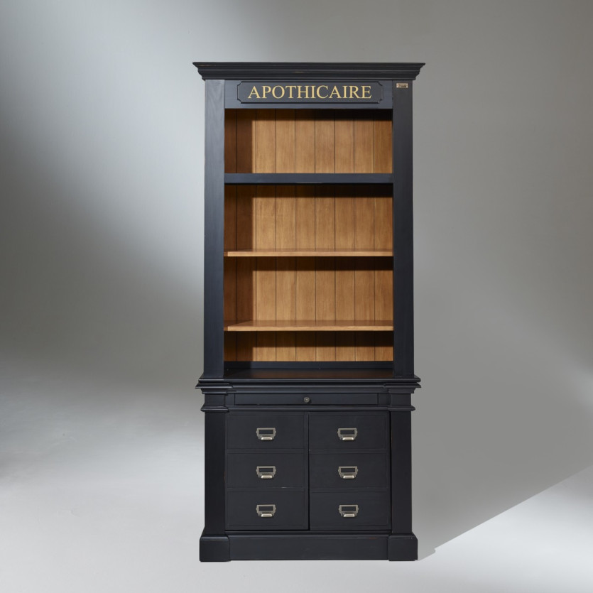 Biblioteca GASPARD - Estilo clásico en madera, pátina anticuario, 2 puertas, 4 estantes, 1 cajón