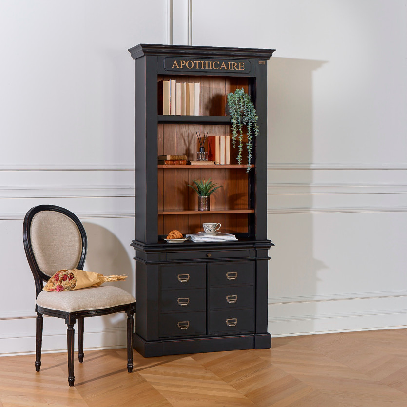 Biblioteca GASPARD - Estilo clásico en madera maciza, pátina antigua, 2 puertas, 4 estantes, 1 cajón