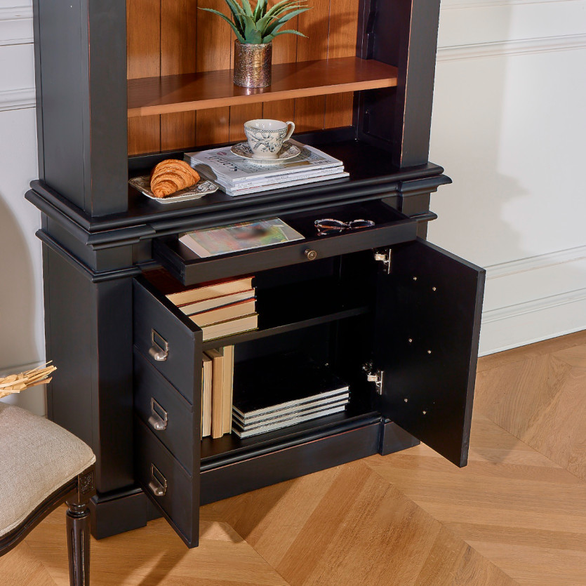 Bibliothek GASPARD - Klassischer Stil aus Holz, antike Patina, 2 Türen, 4 Regale, 1 Schublade