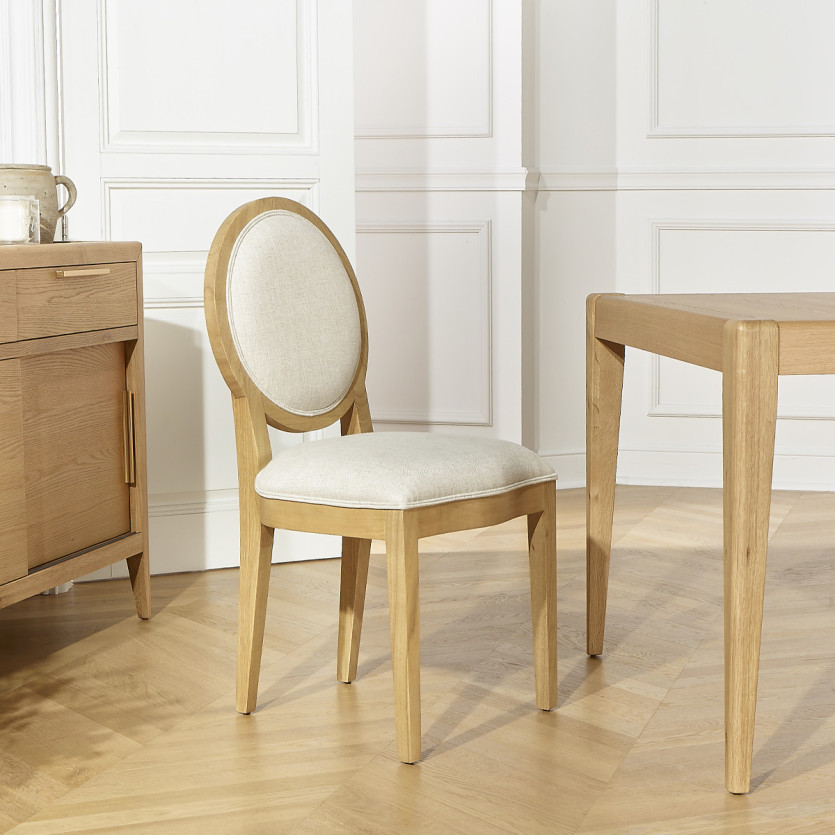 Set di 2 sedie TENNESSE - Medaglione moderno in rovere massiccio e tessuto effetto lino