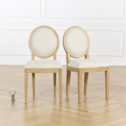 Set von 2 Stühlen TENNESSE - Moderner Medaillon aus Gummibaumholz und Leinenoptik-Stoff