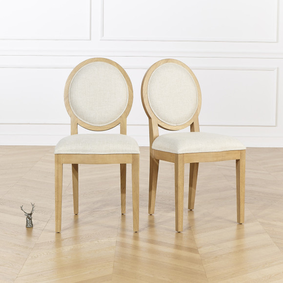 Lot de 2 chaises TENNESSEE -  Médaillon moderne en hévéa et tissu effet lin
