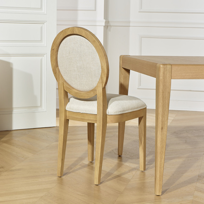 Lot de 2 chaises TENNESSEE -  Médaillon moderne en hévéa et tissu effet lin