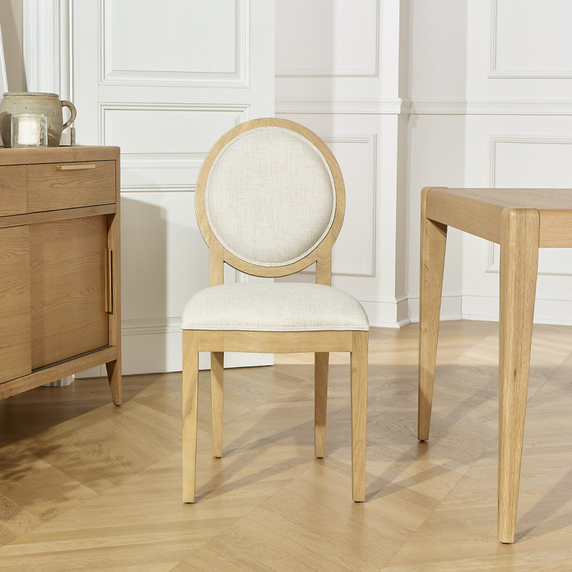 Lot de 2 chaises TENNESSEE -  Médaillon moderne en hévéa et tissu effet lin