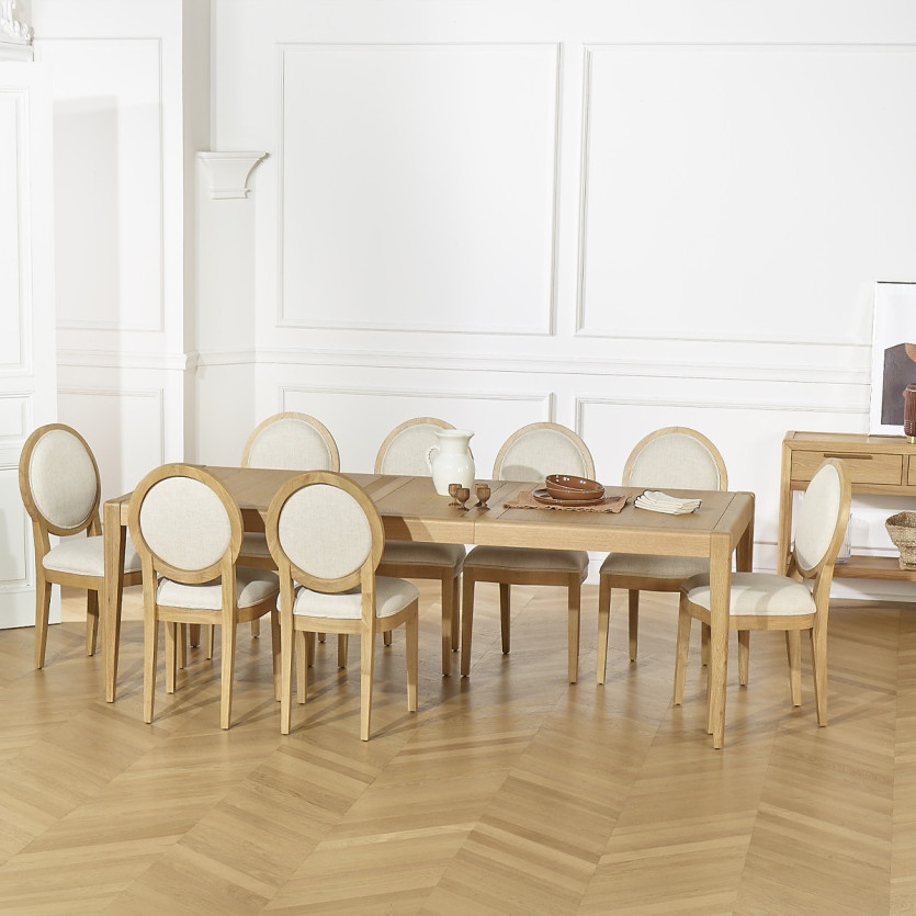 Lot de 2 chaises TENNESSEE -  Médaillon moderne en hévéa et tissu effet lin