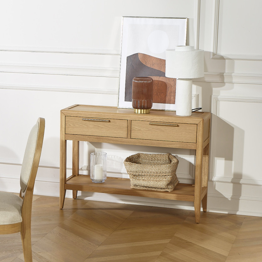 Console d'entrée TENNESSEE - Style contemporain, plateau en chêne, 2 tiroirs