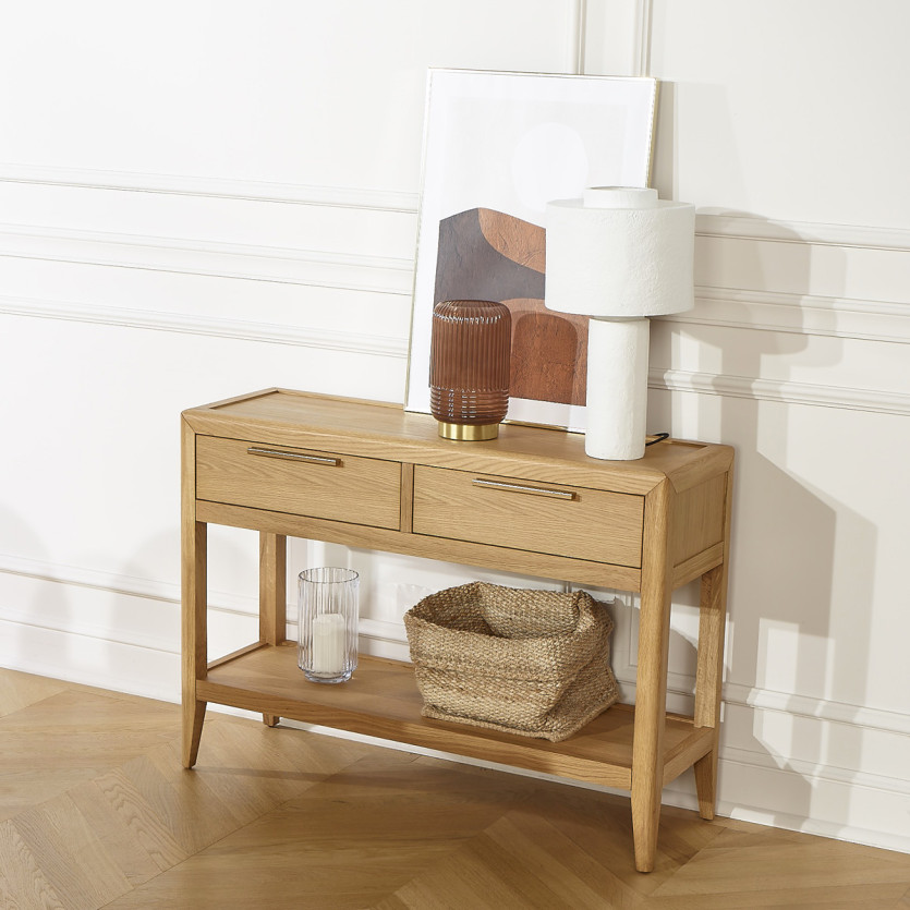 Console d'entrée TENNESSEE - Style contemporain, plateau en chêne, 2 tiroirs