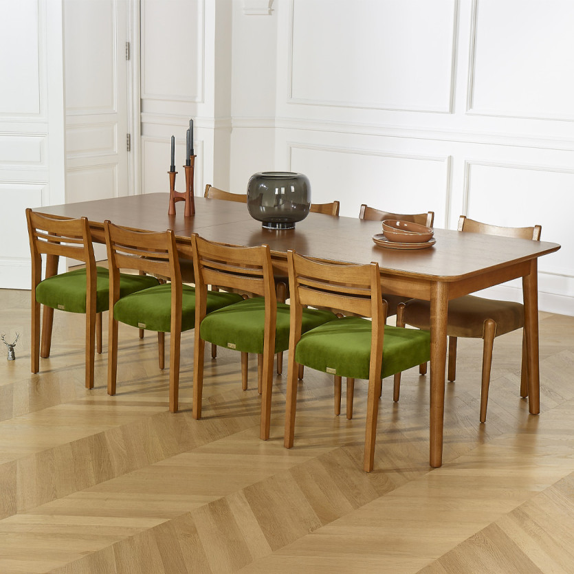 Mesa de comedor extensible BEN - Estilo escandinavo, patas de madera maciza, 8/10 personas