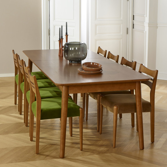 Mesa de comedor extensible BEN - Estilo escandinavo, patas de madera maciza, 8/10 personas