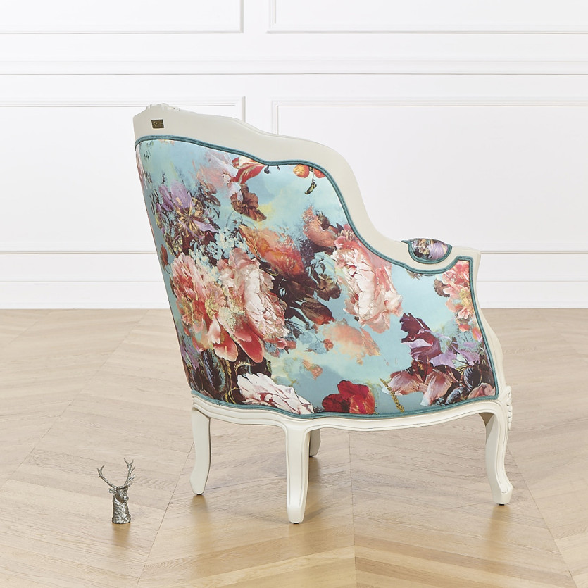 VICTOR BOTANIQUE - Fauteuil bergère style romantique en tissu imprimé et bois massif, 1 place