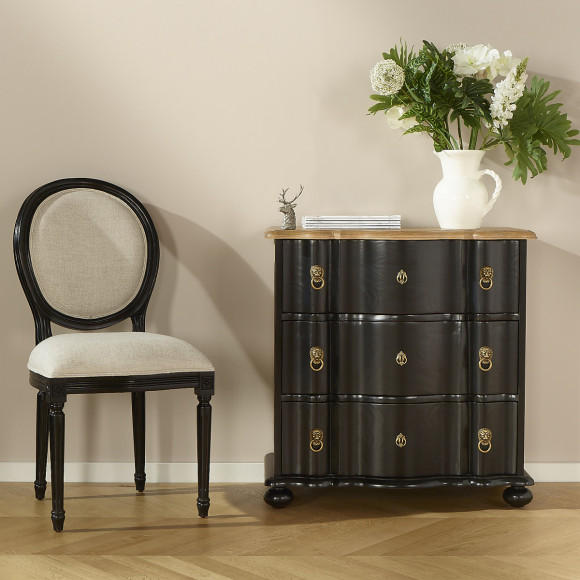 Petite commode arbalète LAUREN - Style shabby chic, plateau en chêne, 3 tiroirs