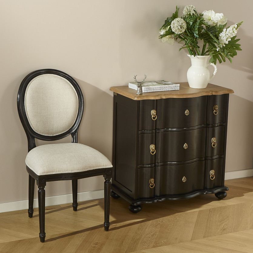 Kleine Kommode LAUREN im Armbrust-Stil - Shabby Chic, Eichendeckplatte, 3 Schubladen