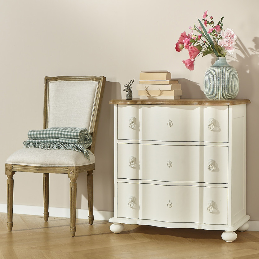 Petite commode arbalète LAUREN - Style shabby chic, plateau en chêne, 3 tiroirs