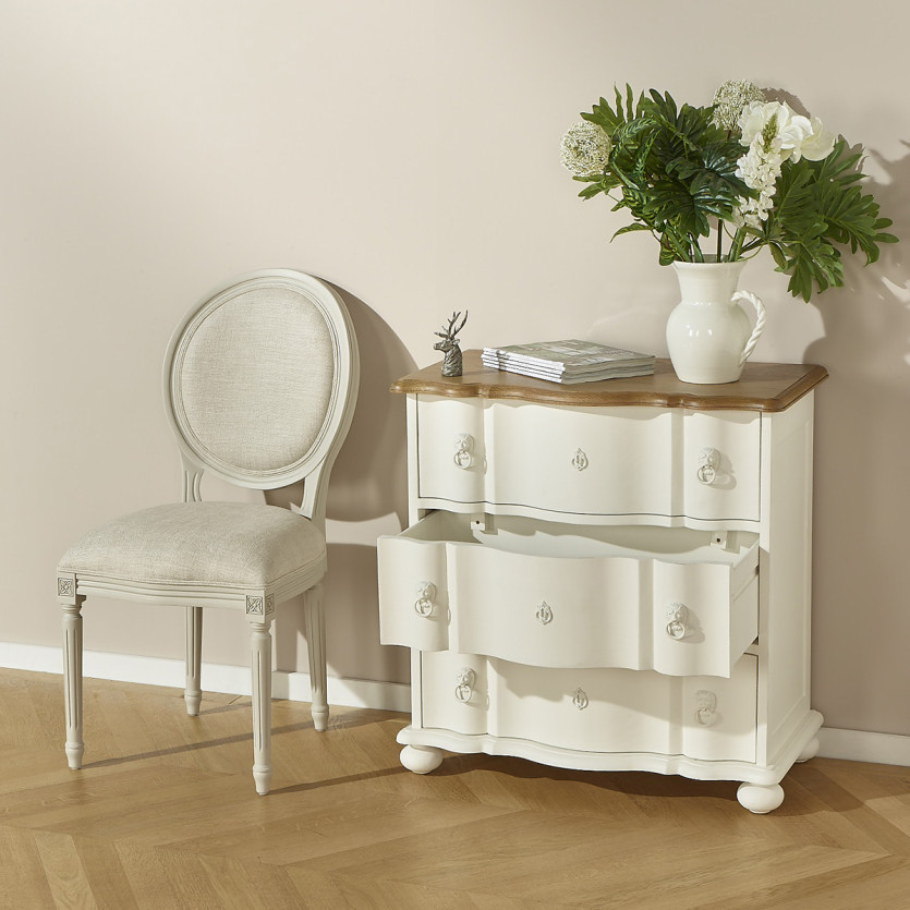 Petite commode arbalète LAUREN - Style shabby chic, plateau en chêne, 3 tiroirs