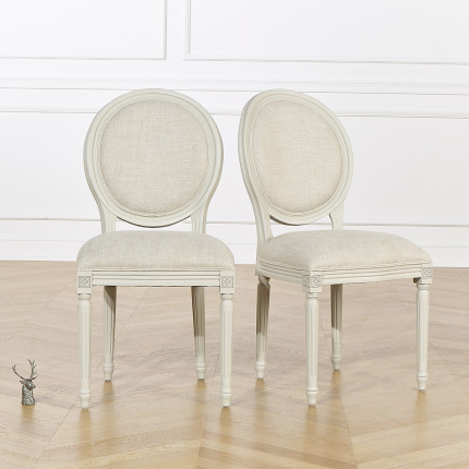 Lot de 2 chaises MEDAILLON - Style shabby chic en bois massif patine ivoire et lin premium