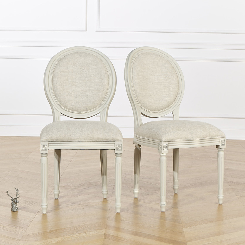 Set aus 2 MEDAILLON-Stühlen - Shabby-Chic-Stil aus massivem Holz in Elfenbein-Patina und Premium-Leinen