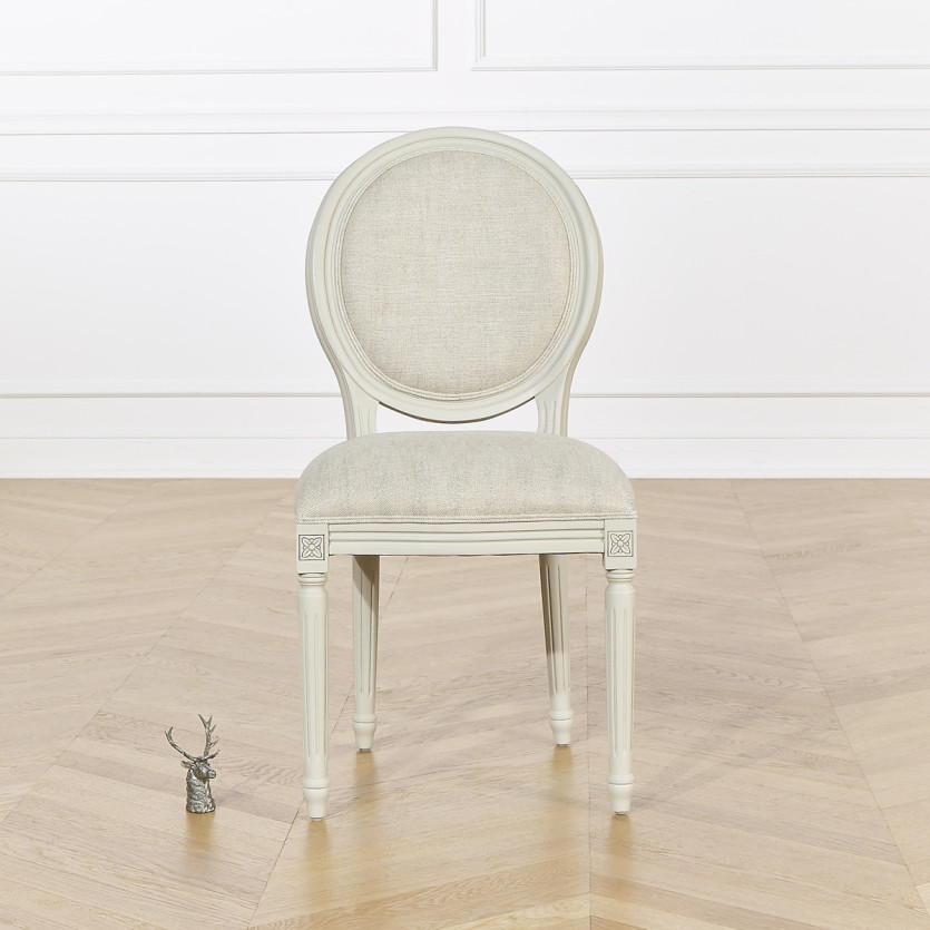 Set aus 2 MEDAILLON-Stühlen - Shabby-Chic-Stil aus massivem Holz in Elfenbein-Patina und Premium-Leinen
