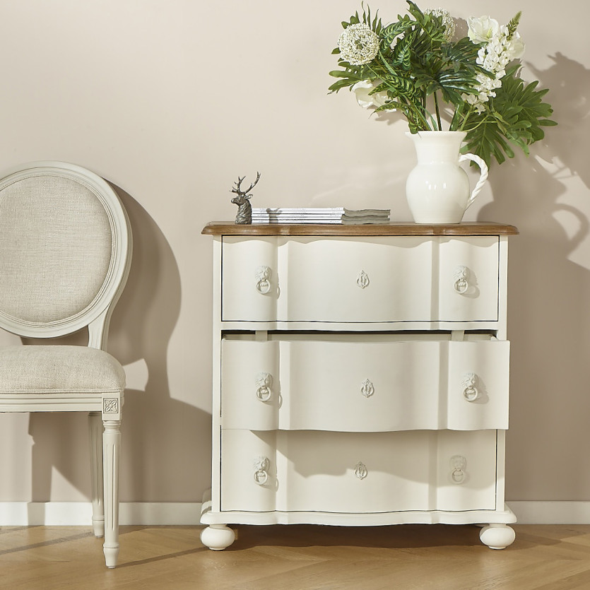 Petite commode arbalète LAUREN - Style shabby chic, plateau en chêne, 3 tiroirs