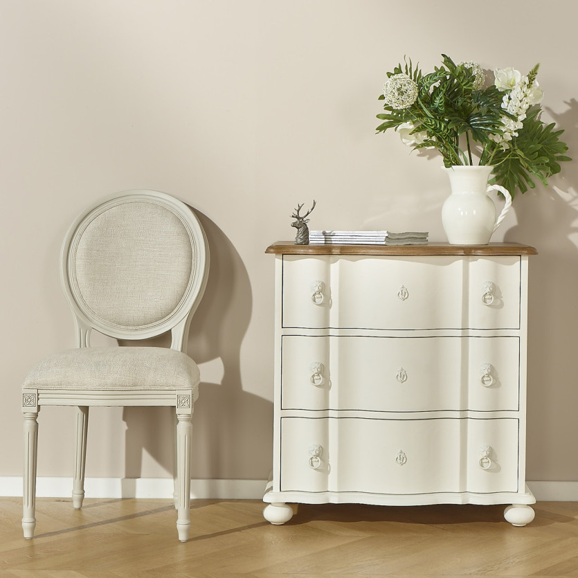 Petite commode arbalète LAUREN - Style shabby chic, plateau en chêne, 3 tiroirs