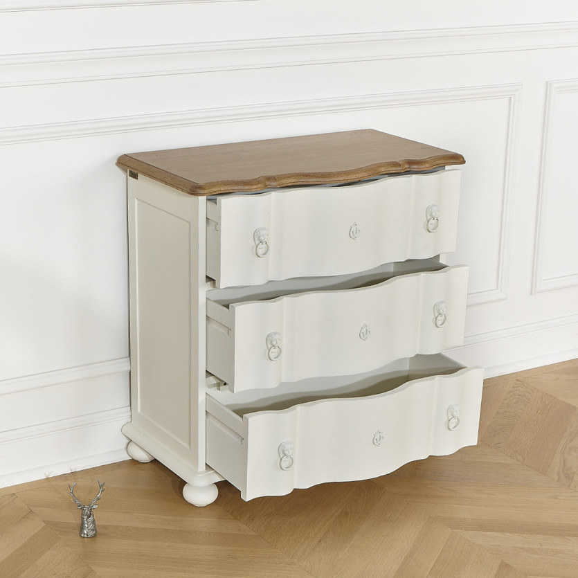 Petite commode arbalète LAUREN - Style shabby chic, plateau en chêne, 3 tiroirs