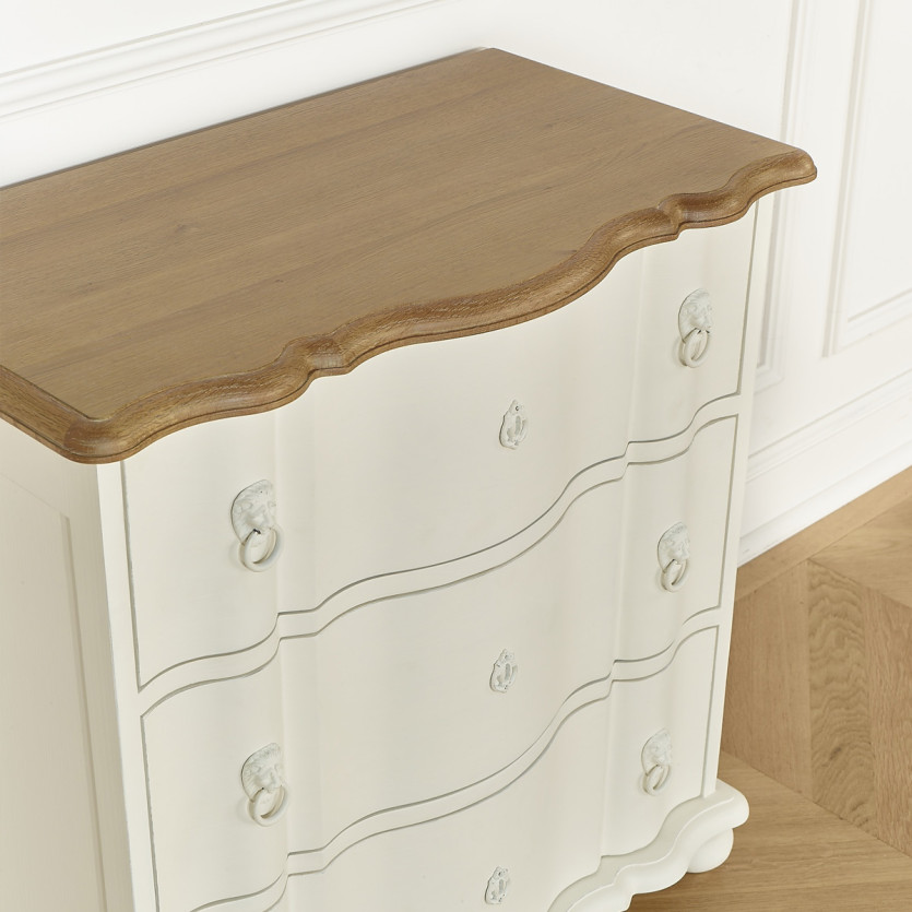 Petite commode arbalète LAUREN - Style shabby chic, plateau en chêne, 3 tiroirs