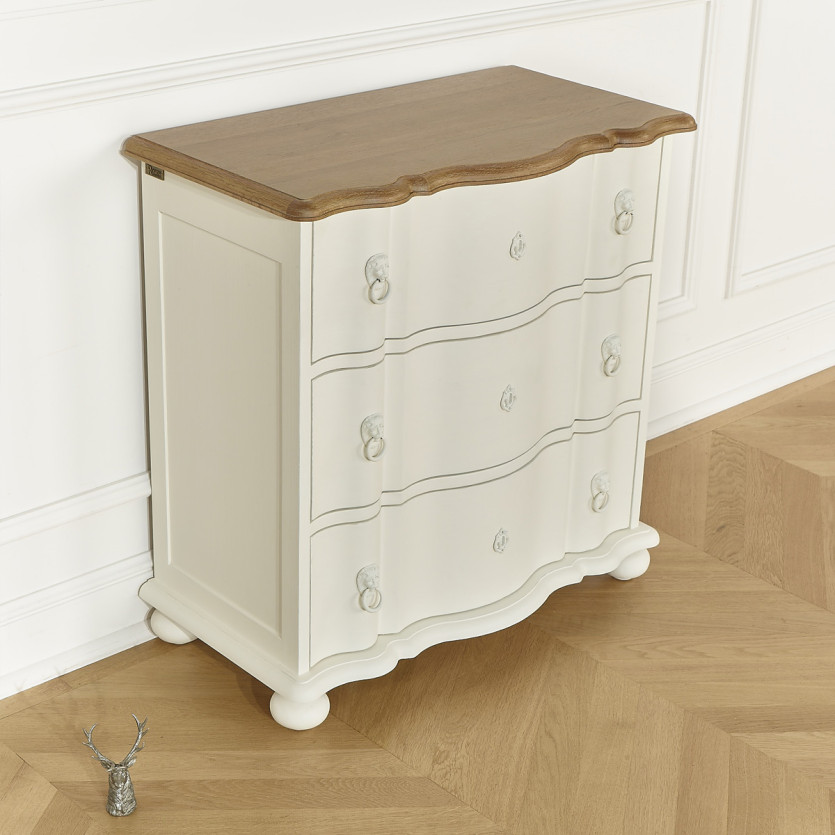 Petite commode arbalète LAUREN - Style shabby chic, plateau en chêne, 3 tiroirs