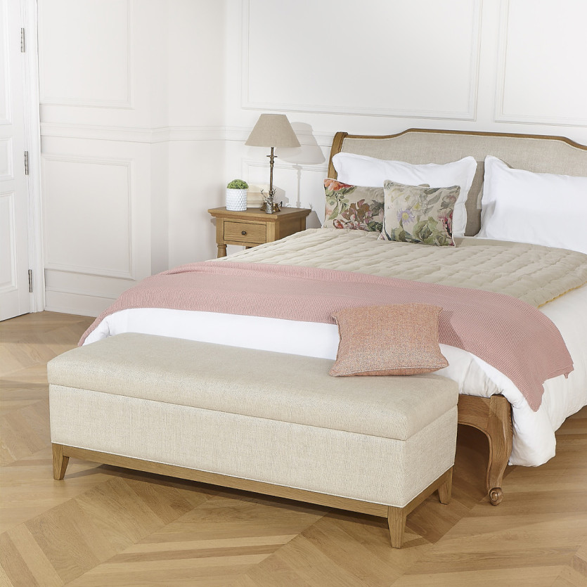 Banc de rangement VIRGINIA - Style shabby chic en chêne et lin premium