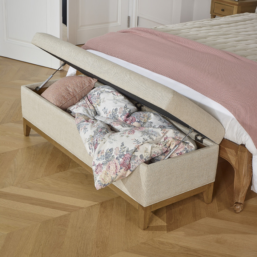Banco de almacenamiento VIRGINIA - Estilo shabby chic en roble y lino premium