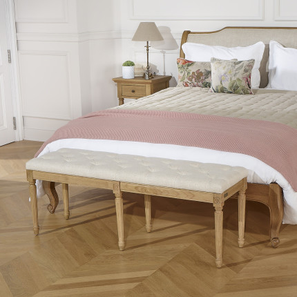 Banc capitonné MARCEAU - Style shabby chic en chêne et tissu effet lin