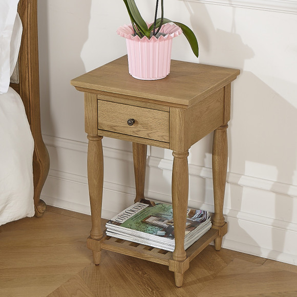 Mesa de cabeceira EDINBURGH - Estilo shabby chic em carvalho, dupla prateleira, 1 gaveta