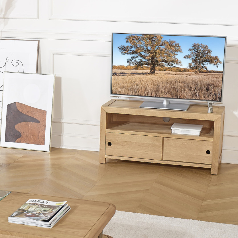 Meuble TV PAOLA - Style contemporain en chêne, 2 portes coulissantes, 100 cm