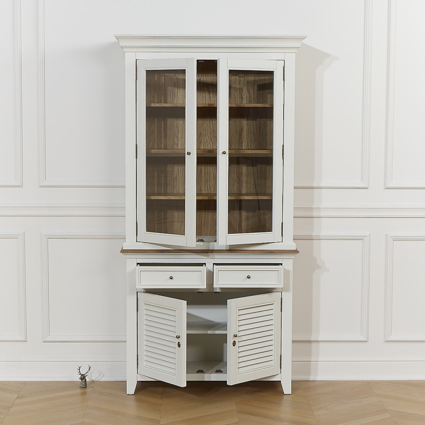 Cristaleira EDEN - Estilo shabby chic, tampo em carvalho, 2 gavetas, 4 portas