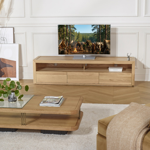Meuble TV CAMILLE - Style contemporain, plateau en chêne, 3 tiroirs, 180 cm