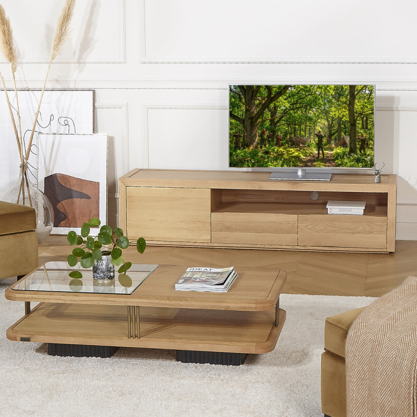 Mobile TV CAMILLE - Stile contemporaneo, piano in rovere, 2 cassetti, 1 porta, 180 cm