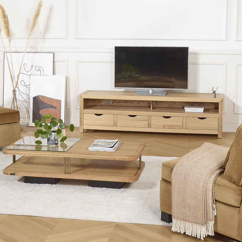 Meuble TV DANIA – Style contemporain, plateau en chêne, 4 tiroirs, 1 niche