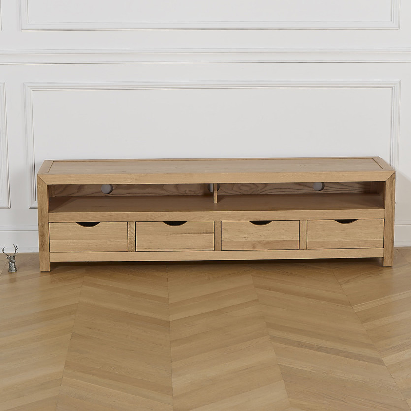 Mueble de TV DANIA - Estilo contemporáneo, patas de madera maciza, 4 cajones, 1 nicho