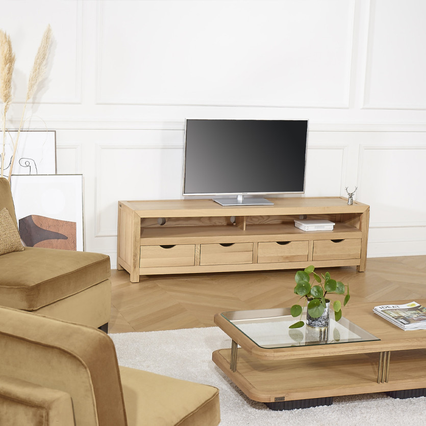 Móvel TV DANIA – Estilo contemporâneo, tampo em carvalho, 4 gavetas, 1 nicho