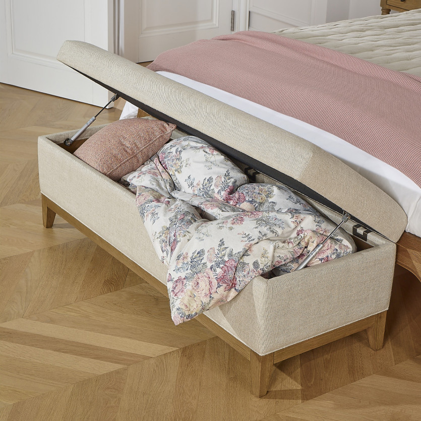 Banc de rangement VIRGINIA - Style shabby chic en chêne et lin premium