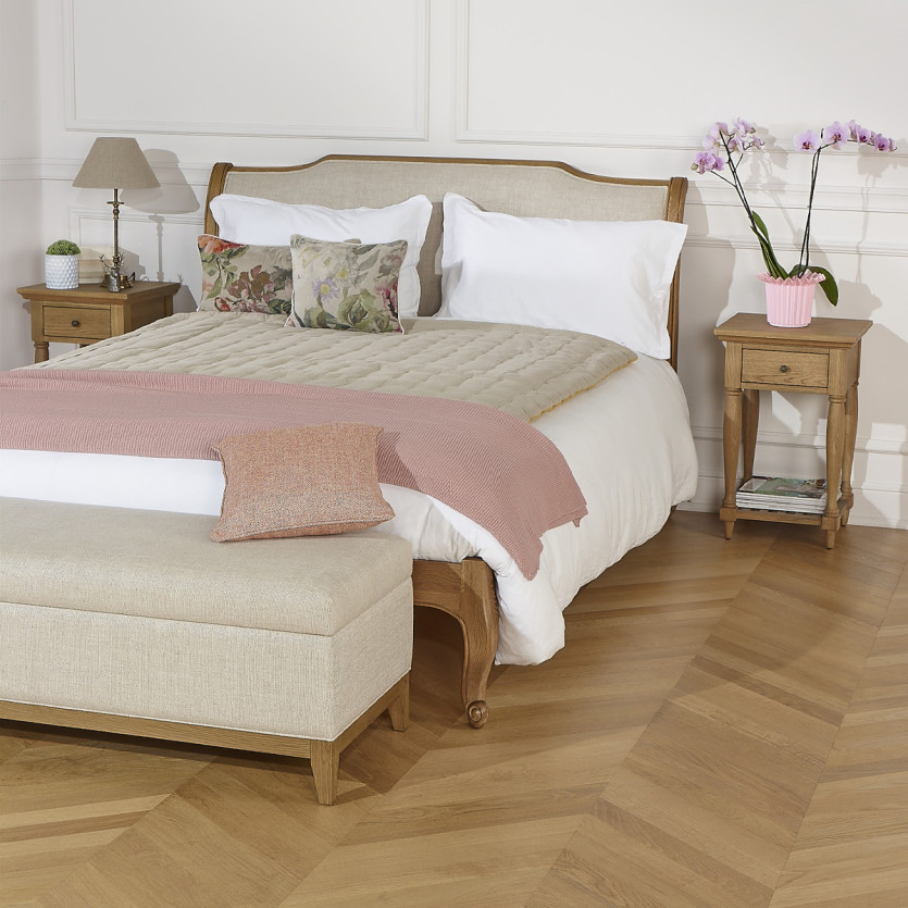 Banc de rangement VIRGINIA - Style shabby chic en chêne et lin premium