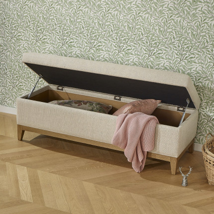 Banc de rangement VIRGINIA - Style shabby chic en chêne et lin premium