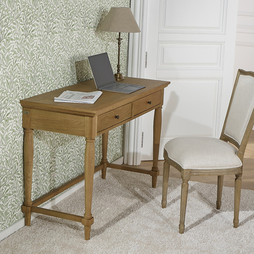 Bureau EDINBURGH - Style shabby chic en chêne, 2 tiroirs