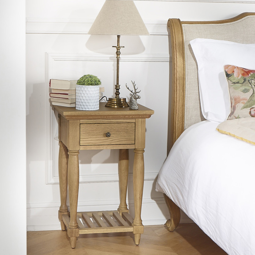 Comodino EDINBURGH - Stile shabby chic in rovere, doppio ripiano, 1 cassetto