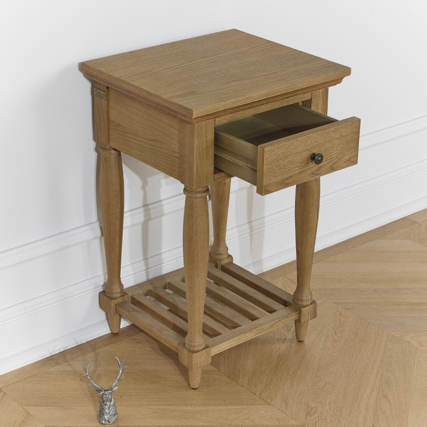 Mesita de noche EDINBURGH - Estilo shabby chic en roble, doble tablero, 1 cajón