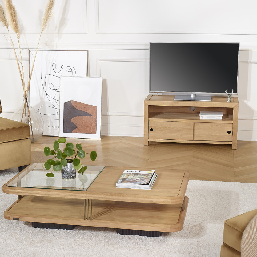 TV Unit PAOLA - Contemporary style in oak, 2 sliding doors, 100 cm