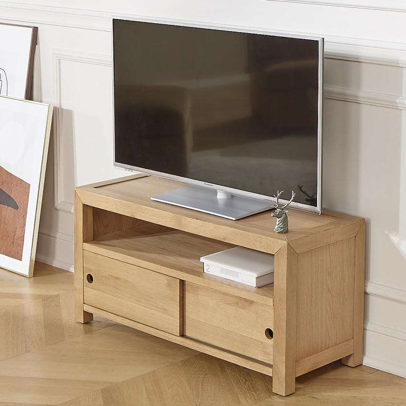 TV Unit PAOLA - Contemporary style in oak, 2 sliding doors, 100 cm