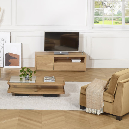 Mueble de TV en roble CAMILLE - Estilo contemporáneo, 1 cajón, 1 puerta, 140 cm