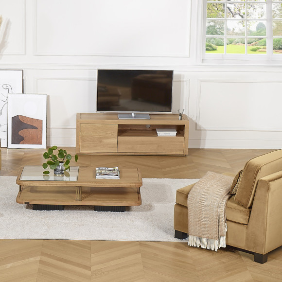 Meuble TV CAMILLE - Style contemporain, plateau en chêne,1 tiroir, 1 porte, 140 cm